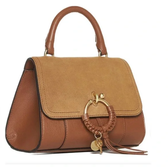 SEE BY CHLOE Joan Ladylike Bag Leather Suede Top Handle With Strap Tote Caramel